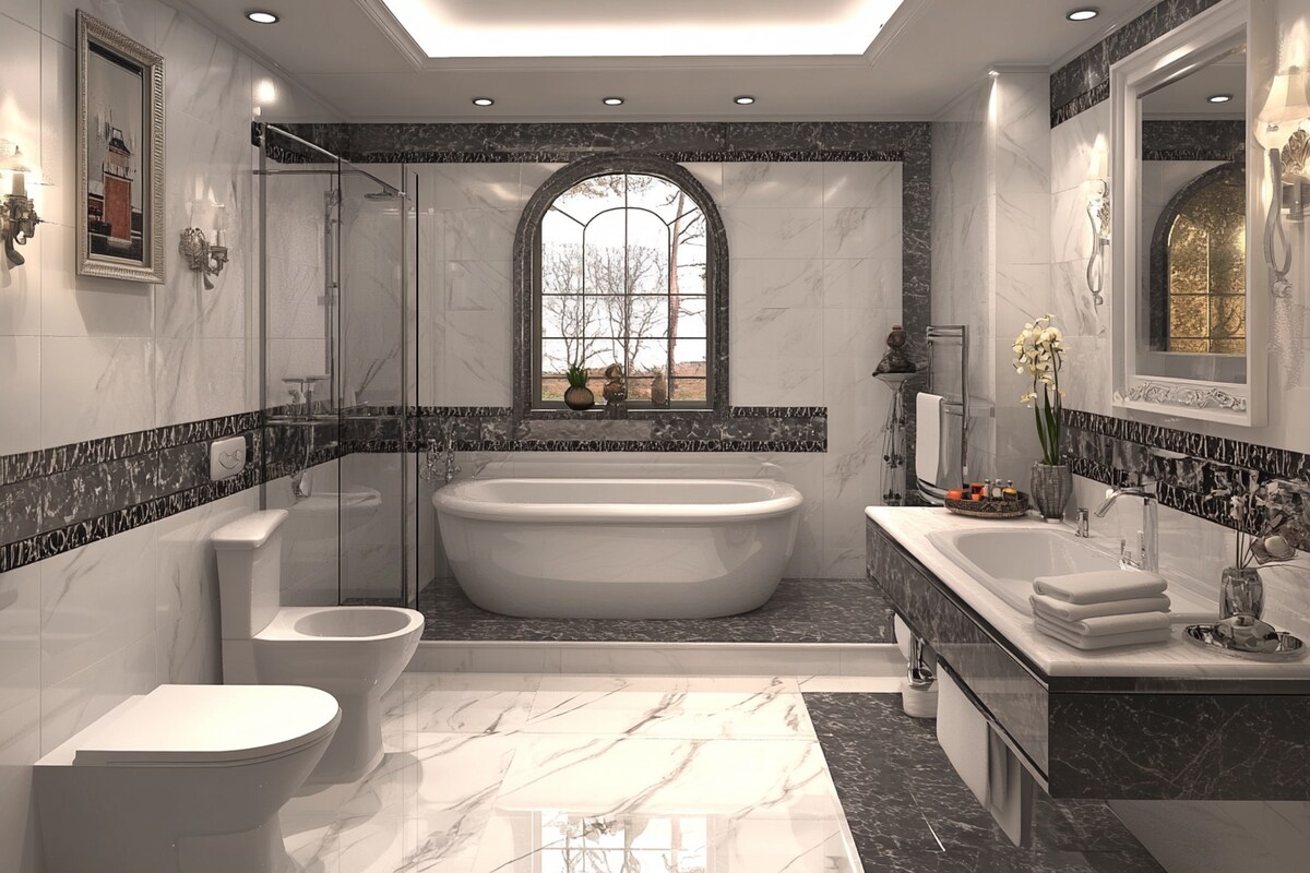 Classic Glossy Marble Bathroom Tile Design In White And Grey Classic Glossy Marble Bathroom Tile Design In White And Grey