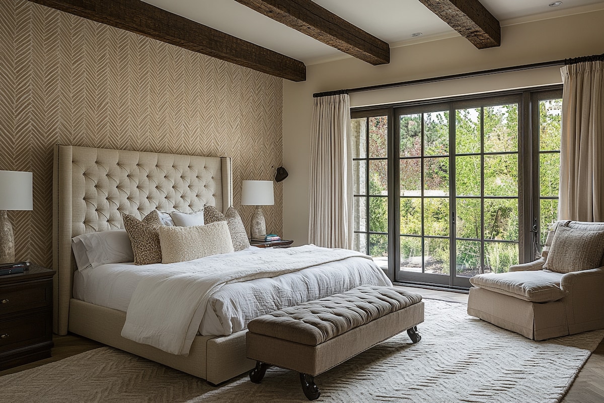 Modern Master Bedroom Design With Herringbone Patterned Beige Wallpaper