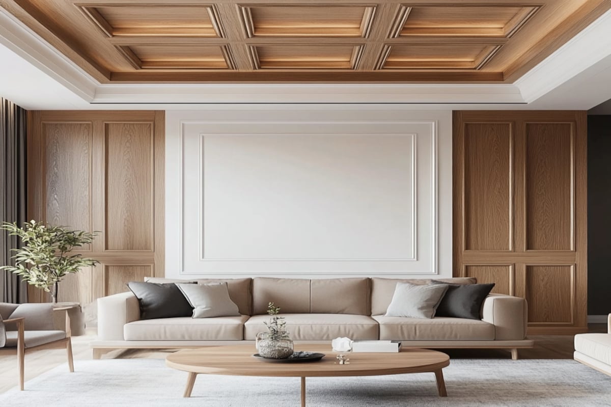 Transitional Peripheral White Living Room Ceiling Design With Wooden Panelling