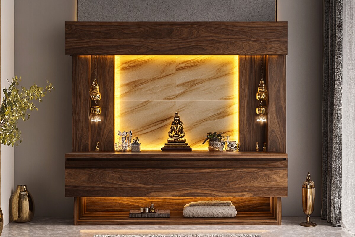 Modern Mandir Design With Wood Laminate Finish