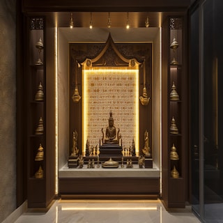 Modern Open Mandir Design With Back Lit Wall Panel And Storage