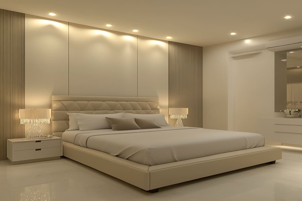 Minimalist Master Bedroom Design with Queen Bed and Crystal Lamps