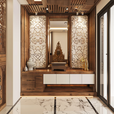 Contemporary White And Wood Pooja Room Design With Floor-Mounted Vanity Unit