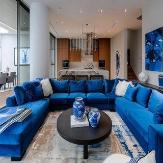 Contemporary Living Room Design With U-Shaped Blue Sofa Set