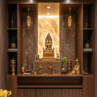 Classic Wooden Pooja Room Design With Backlit Marble Panel And Brown-Gold Abstract Wallpaper