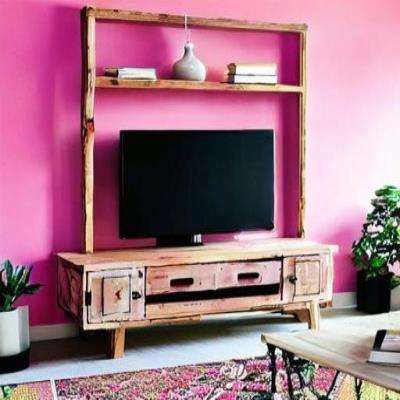 Rustic TV Unit Design in Pink with Plants