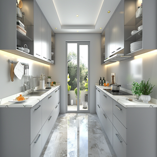 Modern Light Grey Modular Parallel Kitchen Cabinet Design With Loft Storage