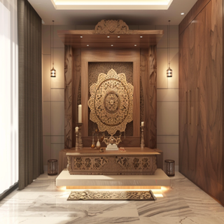 Modern Wooden Floor-Mounted Pooja Room Design With Mandala Design