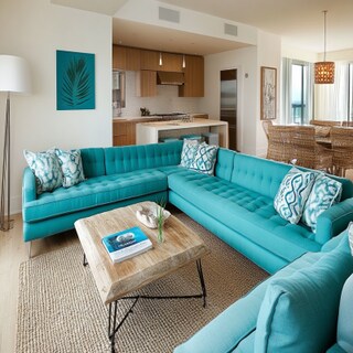 Modern Living Room Design With Turquoise Sectional Sofa