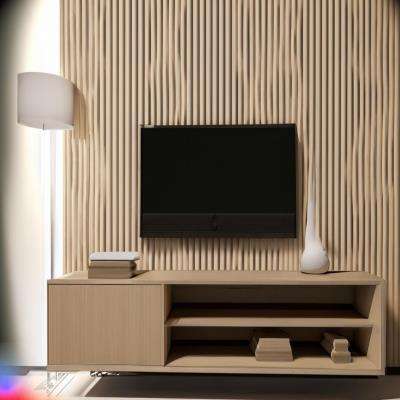 Modern TV Unit Design with Beige Toned Design and Wooden Fluted Panel
