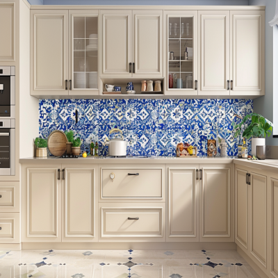 Classic Champagne-Toned Modular Open Kitchen Cabinet Design With Blue And White Moroccan Backsplash
