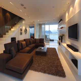 2 Modern Living Room Design With L-Shaped Brown Sofa And Multi-Step White TV Console