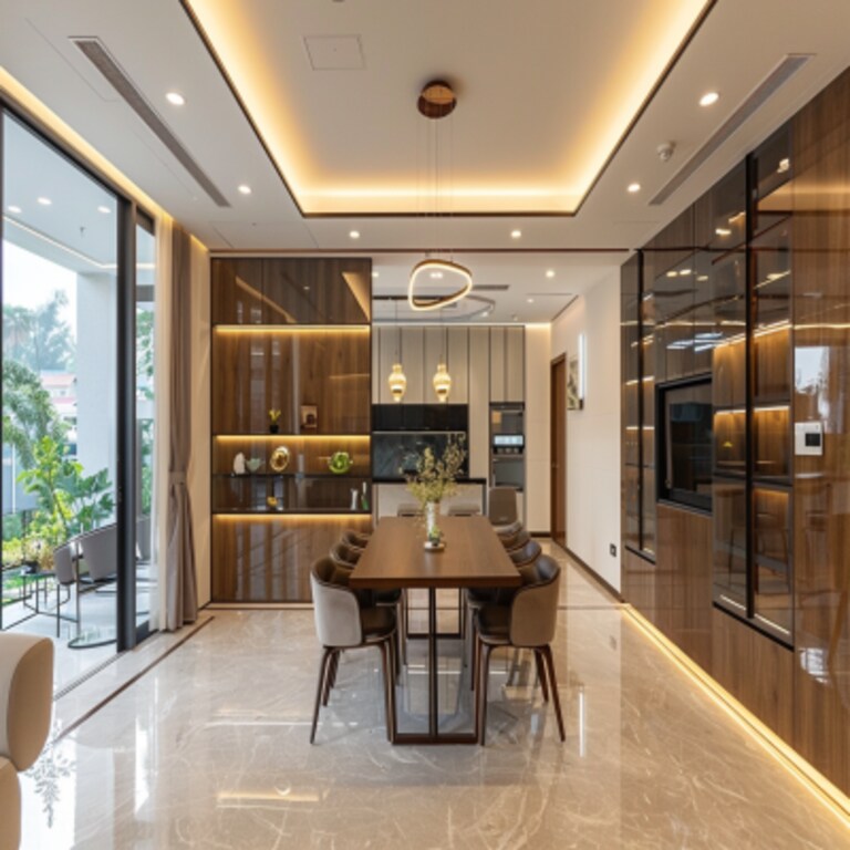 Modern Beige And Wood Dining Room Design With Wooden Storage Unit Modern Beige And Wood Dining Room Design With Wooden Storage Unit