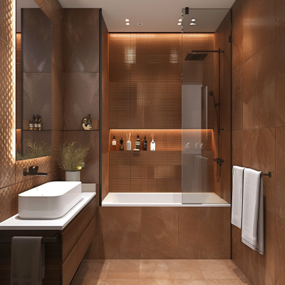 Modern Small Bathroom Design Idea With Brown Textured Wall Tiles