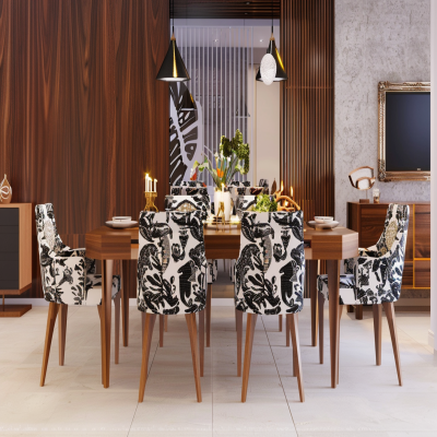 Modern 6-Seater Wooden Dining Room Design With Patterned Chairs