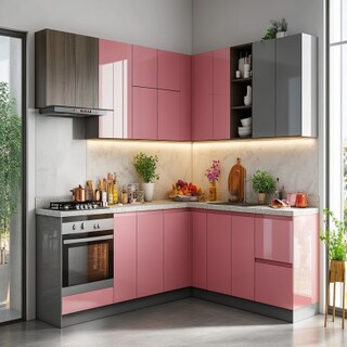 Rose and Grey Modern L Shaped kitchen Design With Cabinets