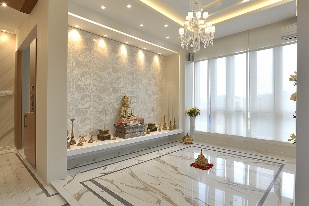 Modern White And Beige Pooja Room Design With Damask Wallpaper