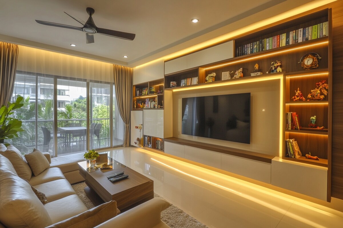 Minimal Floating TV Unit Design in Brown and White with Open Units Minimal Floating TV Unit Design in Brown and White with Open Units