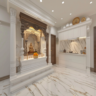 Classic White And Wood Floor-Mounted Mandir Design Integrated With Kitchen