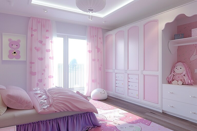 Minimalistic Pink And Lavender Girls Room Design With 2-door White And ...