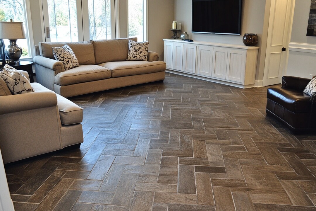 Matte Brown Floor Tiles Design With A Herringbone Pattern