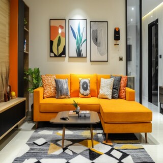 Modern Living Room Design with Bright Yellow Sofa and Storage