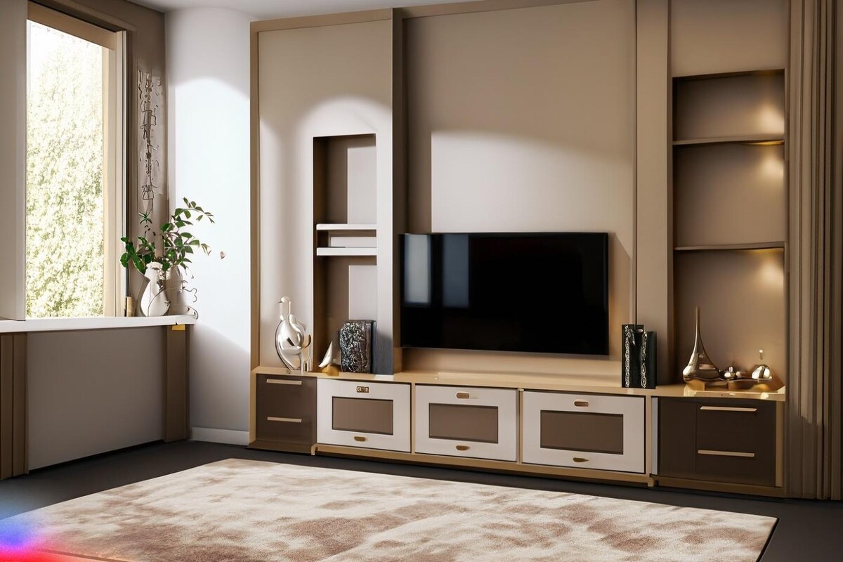 Spacious Wall- Mounted Tv Unit With Beige Rug Spacious Wall- Mounted Tv Unit With Beige Rug