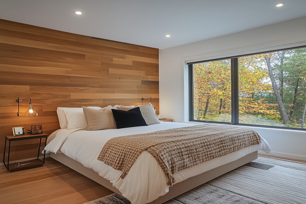 Modern Master Bedroom Design with King Bed and Wood Panel Wall