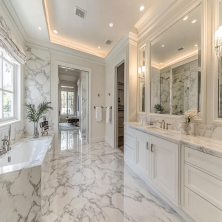 Sleek and Modern White Marble Bathroom Design With Vanity