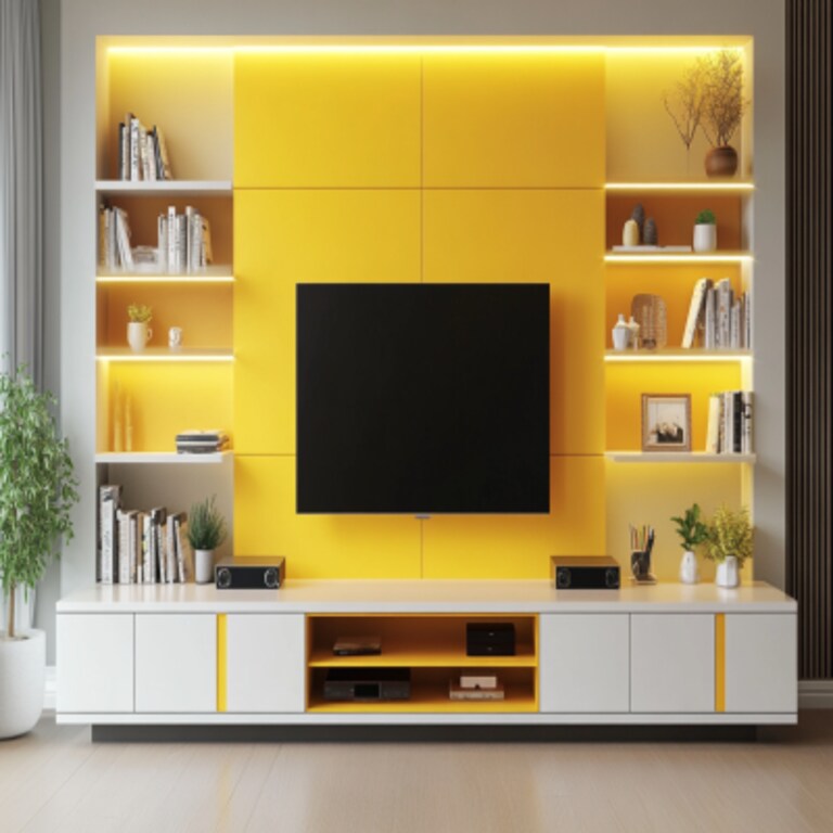 Modern Yellow and Off White TV Unit Design with Open and Closed Storage