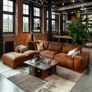 Industrial Living Room Design With Rich Brown L-Shaped Sectional Sofa