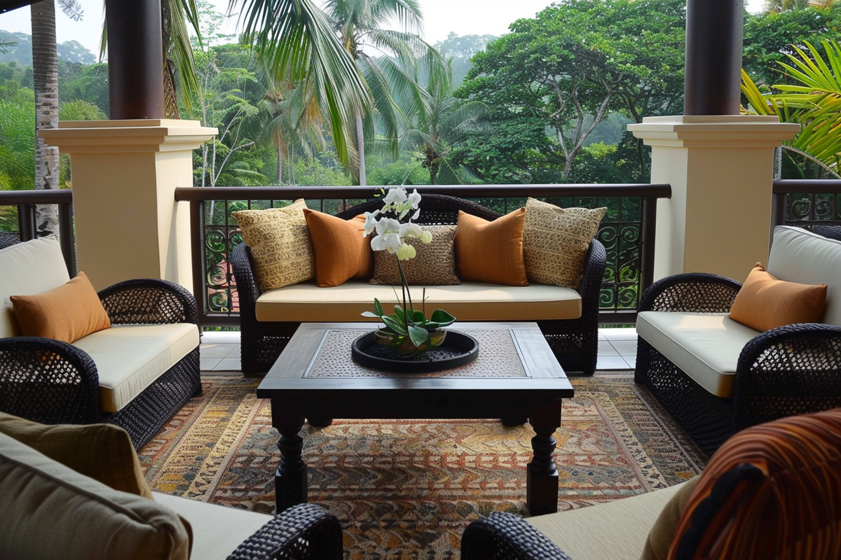 Classic Balcony Design With 2-Seater Brown And Black Coffee Table With Beige Accent Chairs