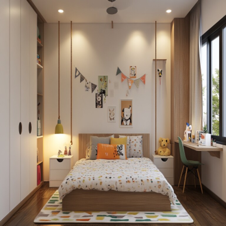 Minimal Kids Bedroom Design With Double Bed and Swing Wardrobe