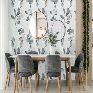 Contemporary 2-Seater Grey And Wood Dining Room Design With Wall Mirrors And Leafy Wallpaper