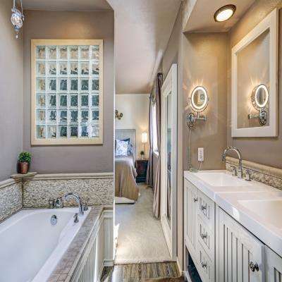 Taupe Bathroom Design with His and Her Sinks