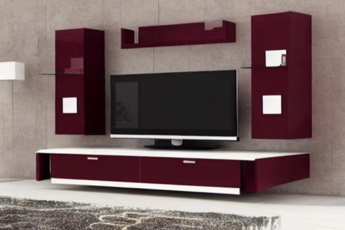 Modern TV Unit Design in Maroon with Wall Mounted Cabinets Modern TV Unit Design in Maroon with Wall Mounted Cabinets