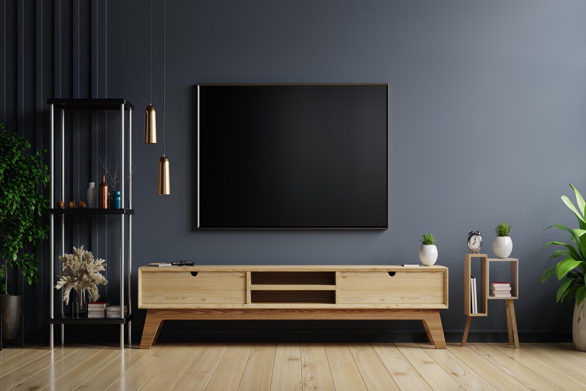Modern TV Unit Design in Brown and Beige Laminate with Pendant Lights