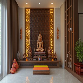 Contemporary Pooja Unit Design With Wall Jali