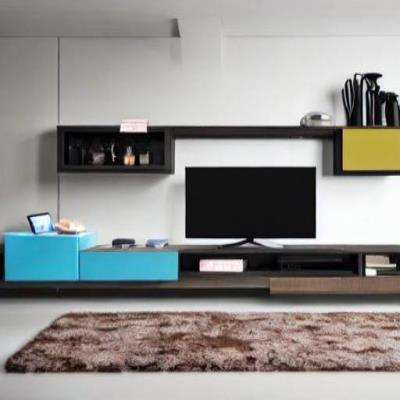 Contemporary TV Unit Design in Multicolour with Blue Accents