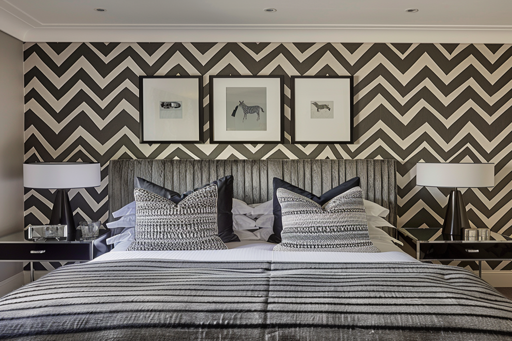 Modern Master Bedroom Design With Grey And Black Chevron Wallpaper