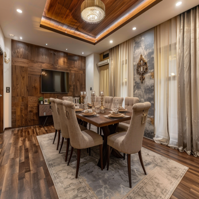 Contemporary 8-Seater Beige And Black Dining Room Design With Wooden False Ceiling