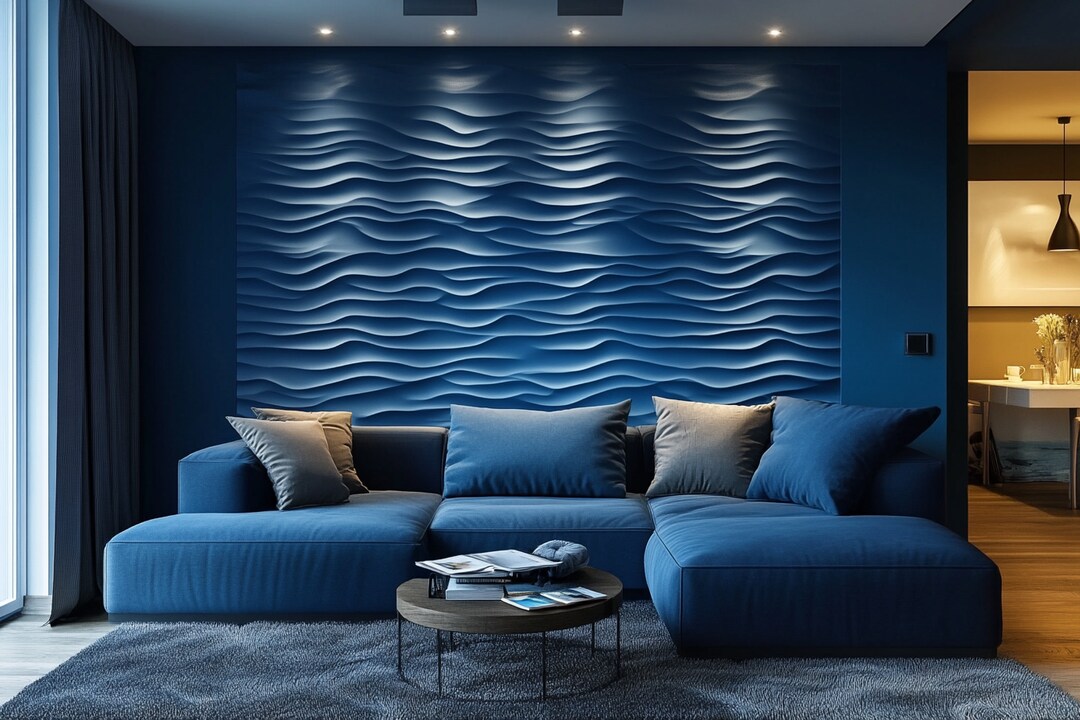 View of Modern Blue Living Room Wall Design With 3D Textured Wall