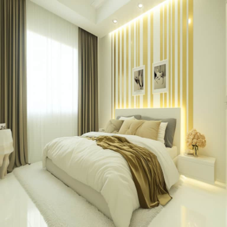 Modern Master Bedroom With White And Gold Stripes