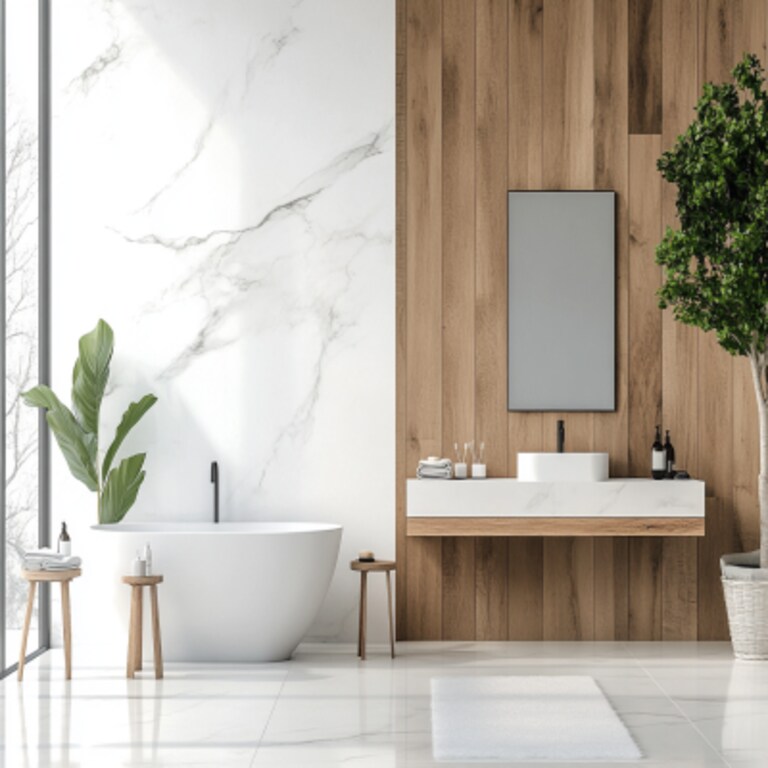 Contemporary White Marble Bathroom Design With Wooden Wall Panel