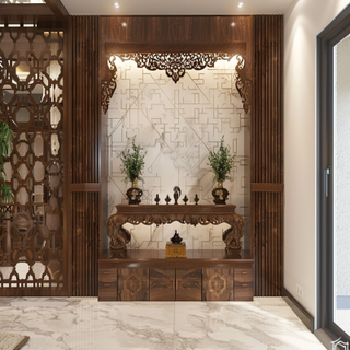 Modern Persian Walnut Pooja Unit Design With Marble Wall Panel And Geometrical Wallpaper