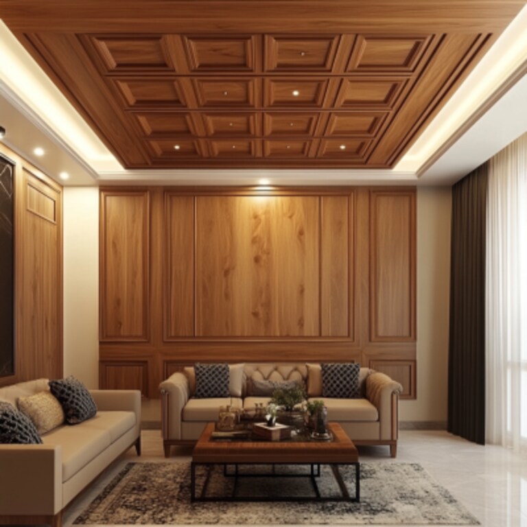 Classic Rectangular False Ceiling Design With Wooden Panels