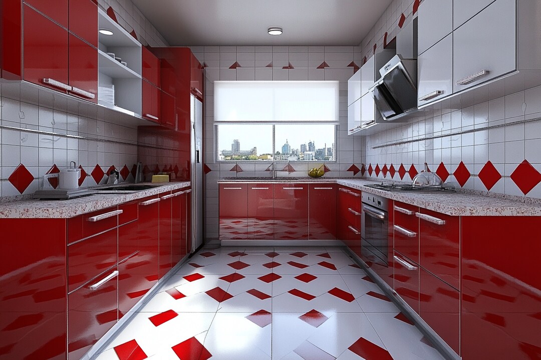 Modern Red And White Modular Parallel Kitchen Design With Hexagon ...