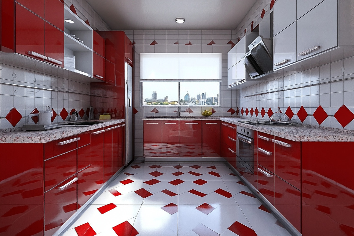 Modern Red And White Modular Parallel Kitchen Design With Hexagon Kitchen Tiles