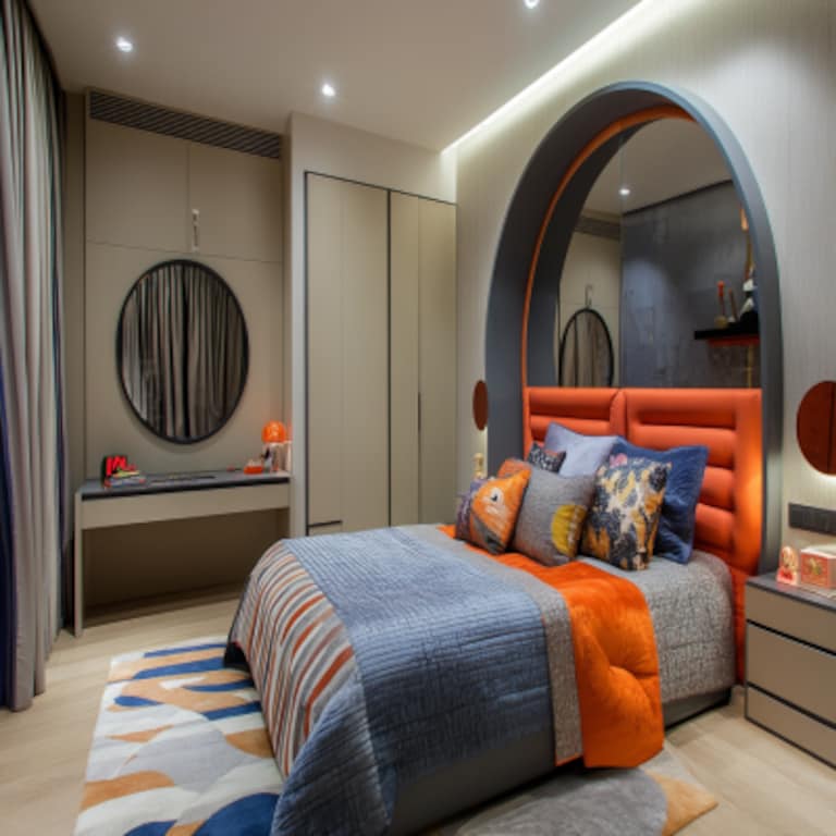 Contemporary Kids Bedroom Design With Arch Mirror and King Bed