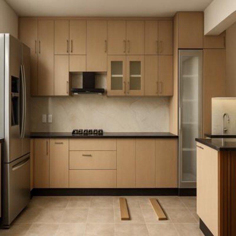 Medium Wooden Finish Modern Straight Modular Kitchen Design